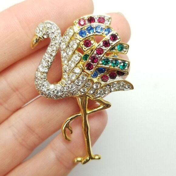 Vintage Jewelry - Vintage Colorful Rhinestone Flamingo Bird Shape Brooch, Encrusted Lapel Pin